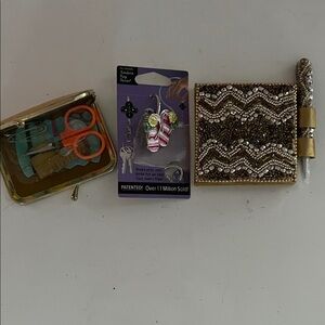 Ladies purse accessories: gold sewing kit/key holder/ jeweled notebook and pen